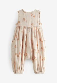 Lys beige bomuldsromper med print af orange luftballoner, ærmeløst design, samlet talje og elastiske ankelmanchetter. Har sidelomme.