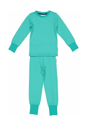 Turkise pyjamasæt med lange ærmer og hvide vandrette striber, med ribbede manchetter og talje, lavet af blødt bomuldsstof.