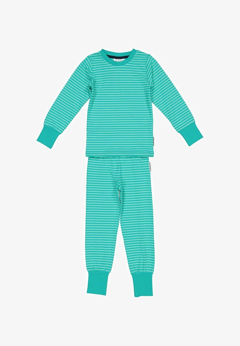 Vihreä pitkähihainen pyjama-asusetti, jossa valkeat vaakaraitat, varustettu ribbireunoilla ja vyötäröllä, valmistettu pehmeästä puuvillakankaasta.