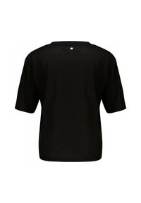 Zwarte t-shirt met korte mouwen, gemaakt van ribbelstof, met een ontspannen pasvorm en een klein detail op de rug bij de halslijn.