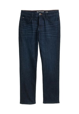 Donkerblauwe rechte jeans met voorkruiszakken, riemlussen, knoopsluiting en subtiele vervaging rond de dijen en knieën.