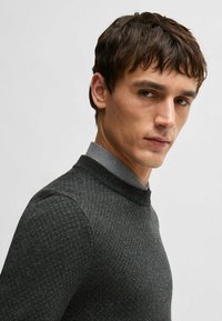 Maglione lavorato a maglia grigio a fantasia con collo rotondo, abbinato a una camicia grigia con colletto sotto. Texture liscia e design aderente.