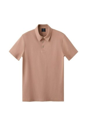 Bež polo majica s kratkimi rokavi, z ovratnikom in dvema gumboma, položena na ravno belo ozadje.