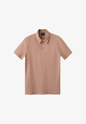 Bež polo majica s kratkimi rokavi, z ovratnikom in dvema gumboma, položena na ravno belo ozadje.