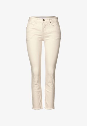 Cremfarbene Denim-Jeans im Slim-Fit, mit Taschen, einem Metallknopfverschluss und ausgefransten Kanten am Saum.