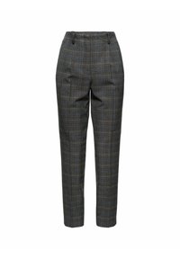 Geruite broek in grijs- en blauwtinten, met een hoge taille, taps toelopende pijpen en een gladde stofstructuur met plooien aan de voorkant.