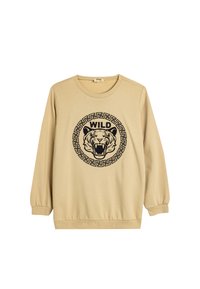 Beige sweatshirt med rund hals och långa ärmar. Har en svart tigergrafik med texten "WILD" i ett cirkulärt mönster. Mjuk, minimal struktur.