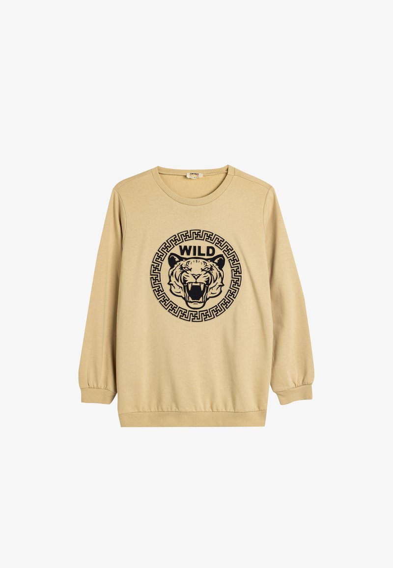 Beige huppari, jossa on pyöreä kaula-aukko ja pitkät hihat. Sisältää mustan tiikeri-graafin, jossa on "WILD"-teksti ympyrämuodostelmassa. Pehmeä, minimaalinen pinta.