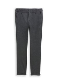 Gray tailored trousers made from textured fabric, featuring a button closure, belt loops, and two side pockets for utility.
