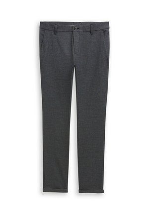 Grijze op maat gemaakte broek van gestructureerde stof, met een knoopsluiting, riemlussen en twee zijzakken voor extra gemak.