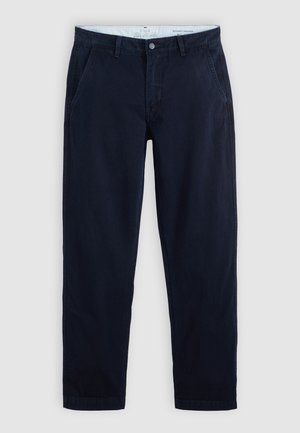 Donkerblauwe chino's van katoen met een relaxte pasvorm, voorzien van zij- en achterkantzakken, een knoopsluiting en riemlussen.