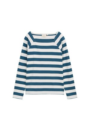 Maglietta a maniche lunghe con righe orizzontali teal e bianche e uno scollo quadrato, esposta su uno sfondo bianco.