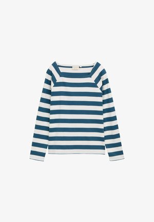 Maglietta a maniche lunghe con righe orizzontali teal e bianche e uno scollo quadrato, esposta su uno sfondo bianco.