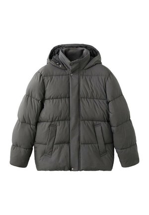 Grijze donsjas met een capuchon, voorzien van een doorgestikt patroon, knoopsluiting aan de voorkant, twee zijzakken en een zachte binnenvoering.