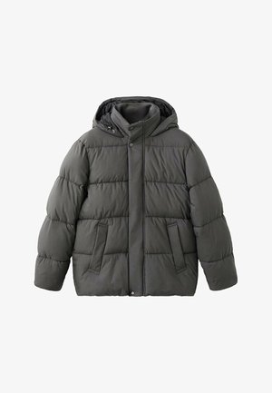 Sivá prešívaná bunda s kapucňou, s prešívanou štruktúrou, zapínaním na gombíky vpredu, dvoma bočnými vreckami a mäkkým vnútorným zateplením.