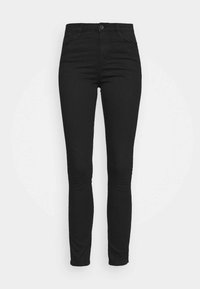 Černé skinny džínové kalhoty s vysokým pasem, vyrobené z denimového materiálu, s přiléhavým střihem, pětiokrovým stylem a zapínáním na knoflík a zip.
