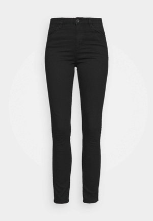 Jean skinny noir taille haute avec bouton avant et fermeture éclair, deux poches avant et deux poches arrière, présentés sur un fond blanc.
