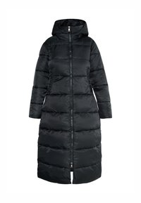 Sort puffet jakke med hætte, lang design, lynlås lukning, quiltet tekstur og sidelommer, med en glat, blank overflade.