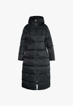 Mustapuffer-takki, jossa on huppu, pitkä malli, vetoketjusuljenta, tikattu pintakuvio ja sivutaskut, joiden materiaalina on sileä ja kiiltävä kangas.