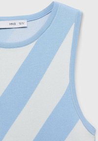 Sleeveless top featuring a knit design with alternating light blue and white diagonal stripes. Includes a ribbed neckband and label.