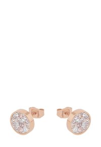 Orecchini a perno in oro rosa dalla forma rotonda, con un grappolo di cristalli trasparenti e rosa disposti in un motivo circolare.