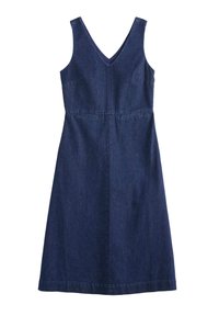 Denim mekko, jossa on syvä V-kaula-aukko, hihaton muotoilu, A-linjainen malli ja keskipitkä helma tummansinisessä värissä.