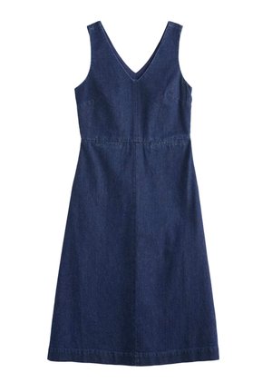 Abito in denim caratterizzato da un profondo scollo a V, design senza maniche, forma ad A e orlo di lunghezza media in un colore blu scuro uniforme.