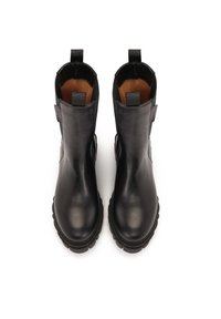 Black leather ankle boots with a smooth finish, round toe, elastic side panels, pull tabs, and chunky rubber soles for added traction.