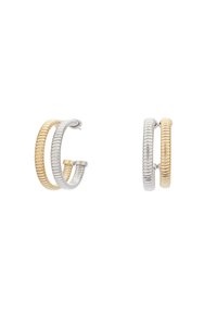 Guld- och silverhängetecken med ribbad yta, med en spiralformad design. Två par visas, ett större och ett mindre.