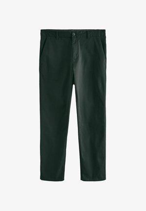 Pantaloni drept din bumbac, de culoare verde închis, cu o textură netedă, având buzunare laterale și închidere cu button la talie.