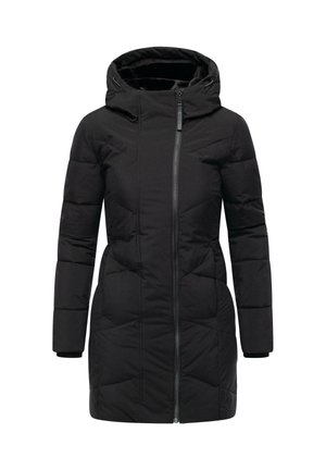 Zwarte gewatteerde parka met rits, geïsoleerde capuchon, lange mouwen en geribde boorden. Heeft een strak, gewatteerd ontwerp.
