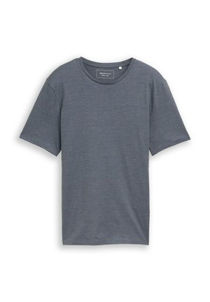 Majica kratkih rukava s okruglim izrezom u prigušenoj plavo-sivoj boji s diskretnom horizontalnom teksturom, prikazana ravno na bijeloj pozadini.