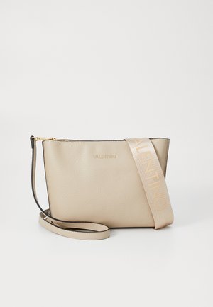 Beige leather shoulder bag with a smooth texture, featuring a gold-tone zipper and a wide fabric strap embossed with "VALENTINO."