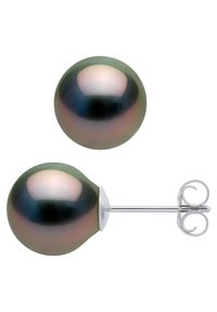 Boucles d'oreilles stud en perles noires, de forme ronde, avec une surface lisse et un éclat métallique. Comprend un support et un fermoir en métal argenté.