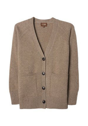 Cardigan en tricot marron avec col en V, quatre boutons noirs, deux poches avant, et bords-côtes aux poignets et à l'ourlet.