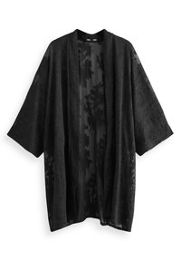 Czarna kurtka w stylu kimono wykonana z przezroczystego materiału. Posiada szerokie rękawy oraz kwiatowy wzór. Projekt jest luźny z otwartym przodem.