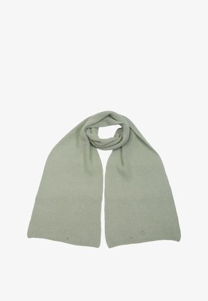 Sciarpa verde chiaro a coste realizzata in tessuto a maglia; presenta una texture liscia e una forma rettangolare classica con angoli arrotondati.