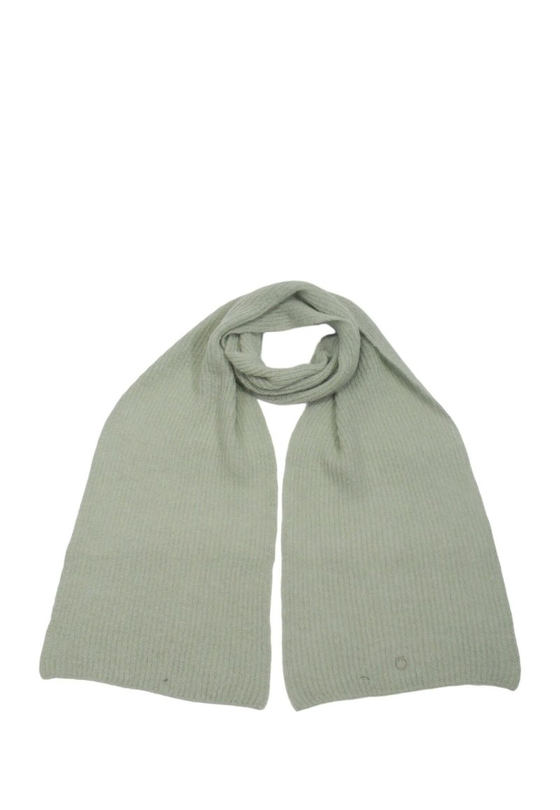 Sciarpa verde chiaro a coste realizzata in tessuto a maglia; presenta una texture liscia e una forma rettangolare classica con angoli arrotondati.