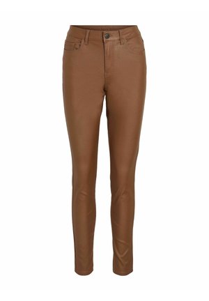 Brune, tætsiddende bukser lavet af glat materiale; har en knaplukning, forlommer og et klassisk fem-lomme design.