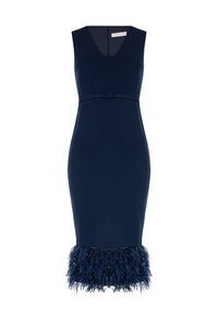 Navyblaues Kleid mit einer figurbetonten Silhouette, V-Ausschnitt und ärmellosem Design. Verfügt über einen dekorativen Gürtel und einen federgeschmückten Saum.