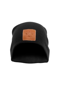 Black beanie hat made of ribbed knit material featuring a square leather patch with a logo on the front. Soft texture, snug fit.