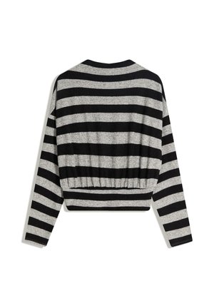 Długi rękaw, krótki sweter w poziome czarne i szare paski z elastyczną taśmą na dole.