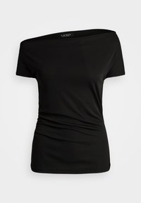 Black off-the-shoulder top made of smooth fabric. Features short sleeves, a fitted body, and ruching on one side for added detail.