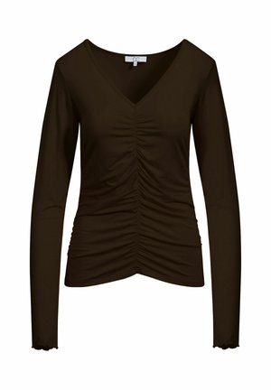 Top maro închis cu mâneci lungi și decolteu în V, cu material adunat și plisat în față și margini subtile ondulate la manșete.