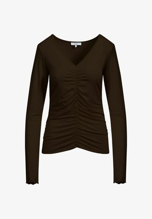 Dunkelbraunes langärmeliges Oberteil mit V-Ausschnitt, vorne mit gerafftem, plisziertem Stoff und dezenten wellenförmigen Manschetten.