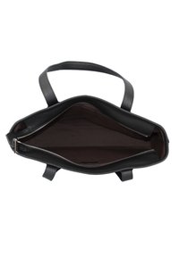 Sac cabas en cuir noir avec double poignée, haut ouvert montrant un intérieur marron spacieux et un compartiment central zippé.