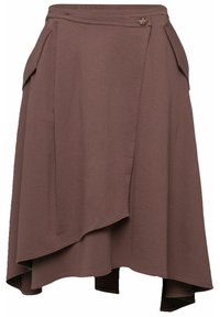 Een bruine wikkelrok met een asymmetrische zoom, een gestructureerde stof, zijzakken en een decoratieve knoop in de taille.