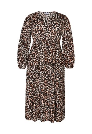 Kappen jurk met een V-hals, lange pofmouwen en gerimpelde taille. Gemaakt van zachte stof, met zwarte, bruine en beige patronen.