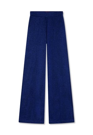 Wijd-uitslaande broek van textuurstof met een glanzende afwerking in een levendige koninklijke blauwe kleur. Bevat een vlakke tailleband en geen zichtbare zakken.