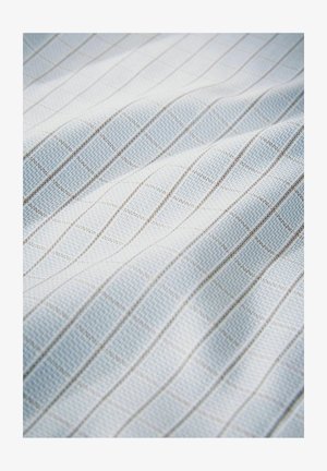 Tessuto con un motivo a quadri azzurro chiaro e bianco, caratterizzato da una sottile texture e da linee di cucitura marroni a contrasto che attraversano la superficie.